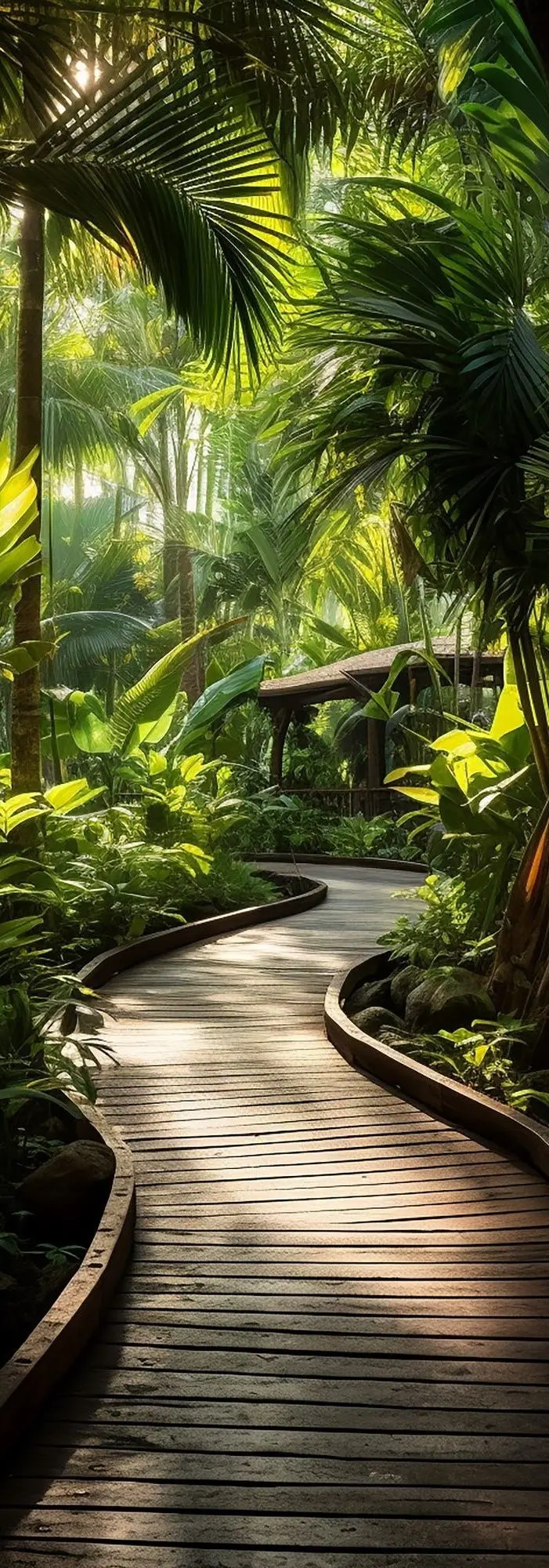 Un chemin en bois traverse une jungle sauvage et ensoleillée pour symboliser toutes les étapes clés d'une prestation de création de site internet.