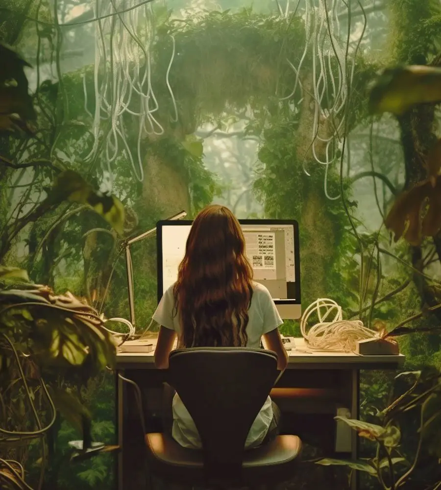 En plein cœur de la jungle sauvage, une femme est assise à son bureau et est en train de réaliser la maintenance d'un site internet sur son grand écran d'ordinateur.