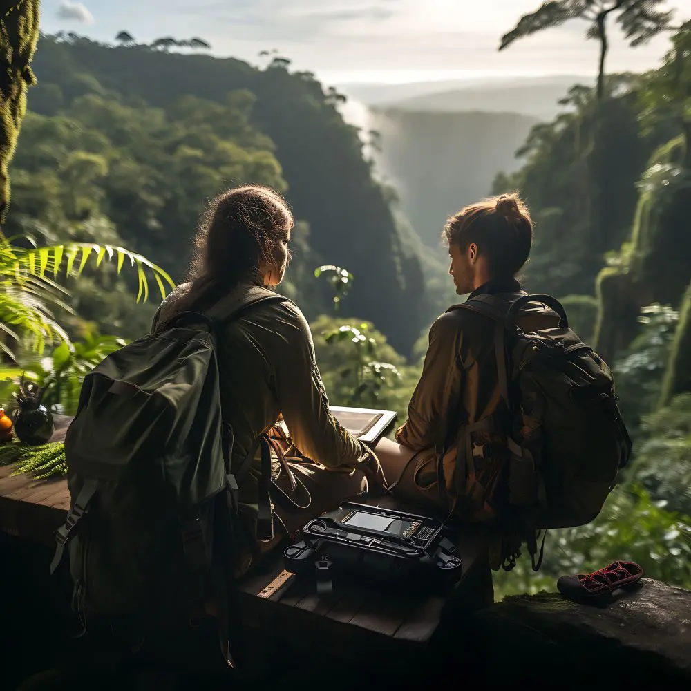 Avec vue panoramique sur une forêt tropicale montagneuse, une femme et un homme, habillés en aventurier, sont assis au bord d'une falaise et tiennent une tablette tactile à la main.