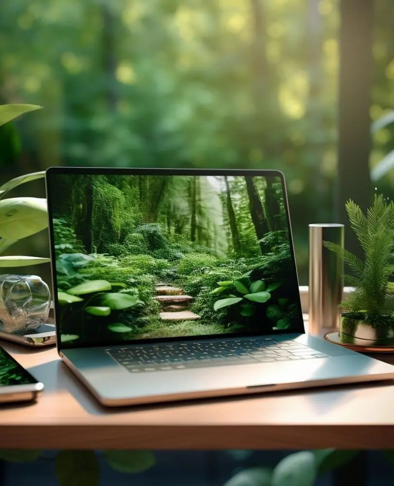 En pleine nature sauvage, un ordinateur portable et un téléphone mobile sont posés sur un bureau et ont un fond d'écran qui reprend le décor extérieur.