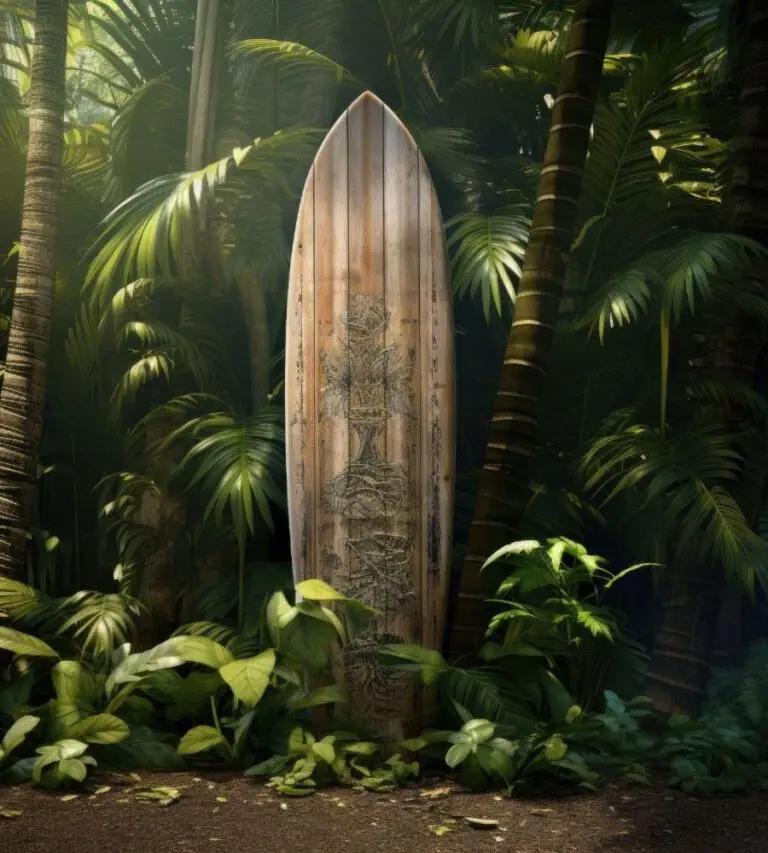 Dans une jungle tropicale, une planche de surf en bois avec un symbole indigène est posée à la verticale pour faire échos à la célèbre expression : surfer sur le Web.