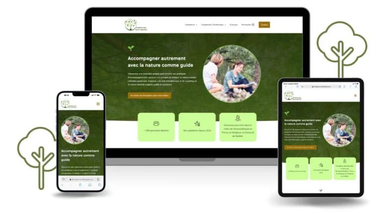 Mockup Responsive Design (ordinateur, tablette, téléphone) du site internet formation-ecotherapie.com